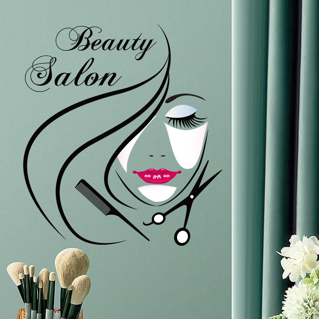 1pc Elegant beauty salon stickers, stylish hairstyle, beauty scissors and comb design, perfect for salon decoration, fashionable art accents, adding an artistic atmosphere, self-adhesive and removable wall stickers