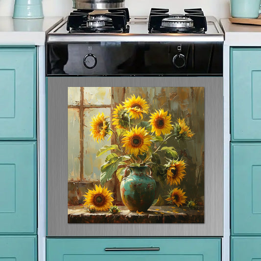 1pc Elegant sunflower still life stickers, self-adhesive for dishwasher and oven, wall decals, vintage vases, rich floral texture window designs, perfect for rustic home decor, artistic floral accents and timeless aesthetic enhancement
