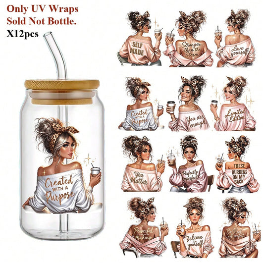 1 set of 12pcs Fashion Woman UV DTF Transfer Stickers | Self-Adhesive, Perfect For Crafts, Gifts, And Campus Decor | 9.45x4.33 Inches, Decorating Accessories For 16oz Glass Carafe Decoration