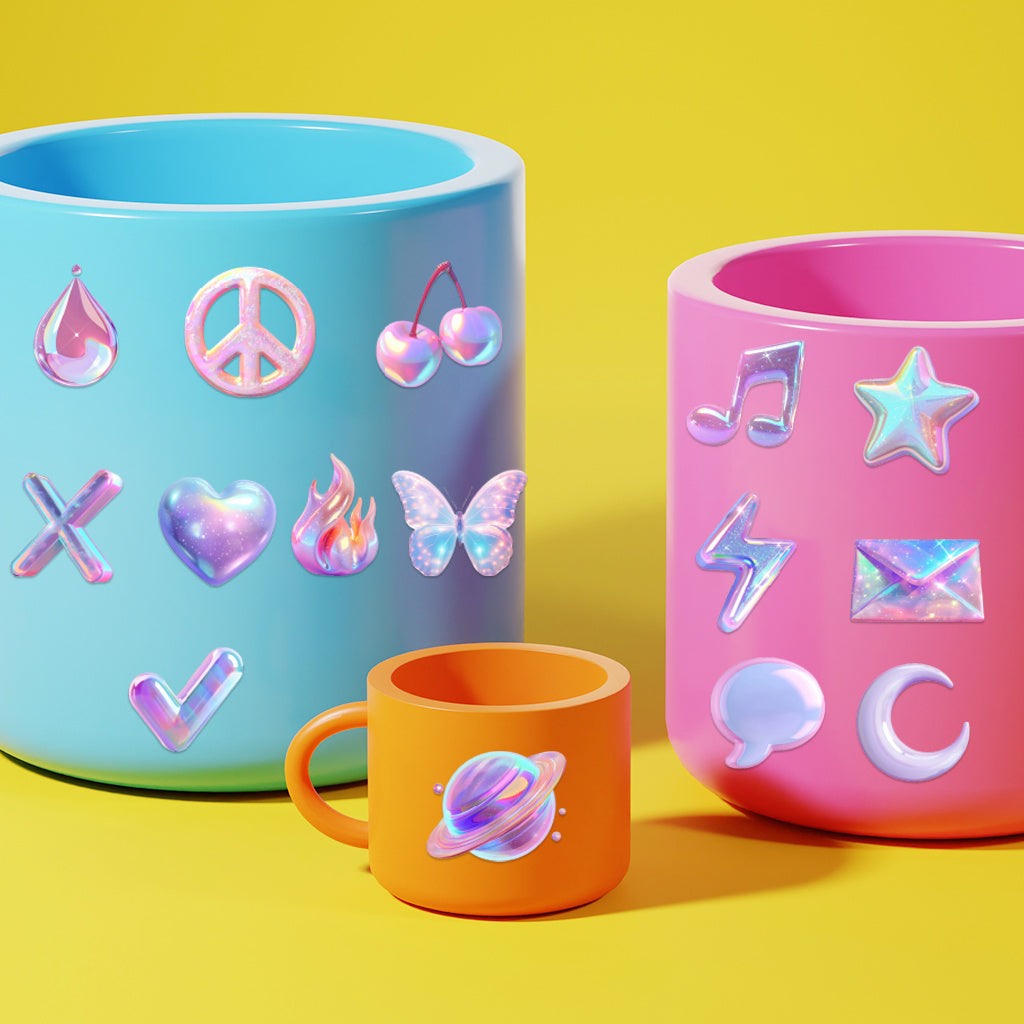 3pcs Pastel Fashion Icons UV DTF Crystal Sticker Set with vibrant rainbow shimmer symbol designs, perfect for decoration and fashion accents. Enhances modern aesthetics with self-adhesive waterproof transfer stickers.