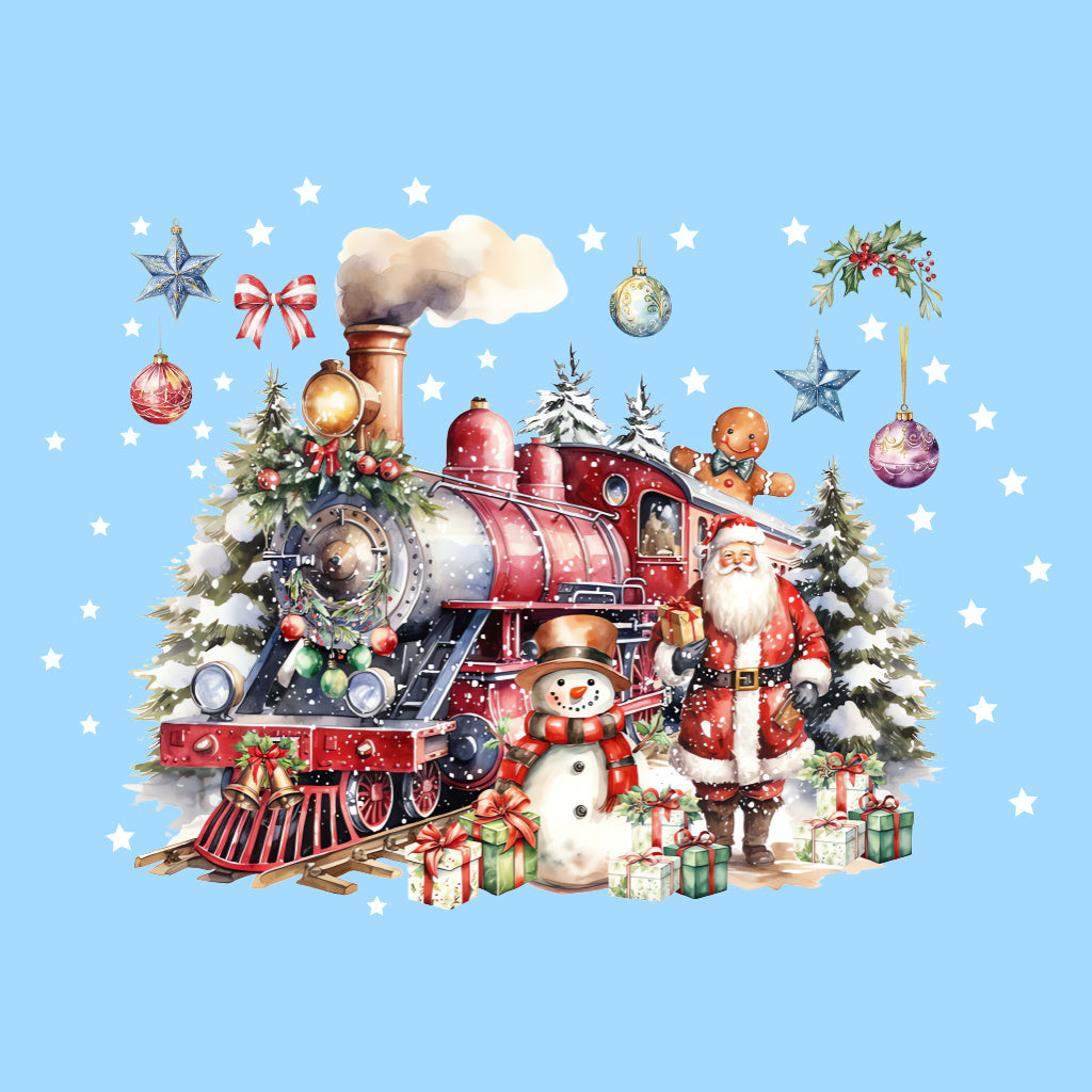 A set of Christmas Dream Train Toilet Sticker: A red train full of festive atmosphere, accompanied by Santa Claus and snowmen, surrounded by gifts and decorations, like a fairy tale scene, adding Christmas fun to the bathroom.