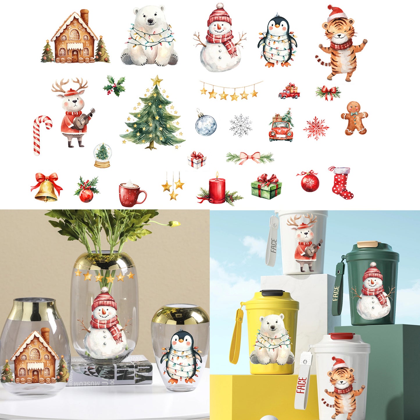 1套 圣诞节 可爱卡通小动物欢乐过圣诞 VU DTF水晶标贴纸 自粘防水DIY转印贴纸 营造出温馨欢乐的圣诞氛围 适用于水杯 玻璃 笔记本等装饰