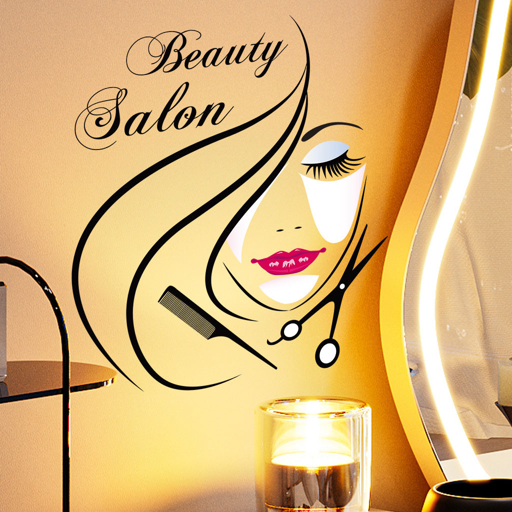 1pc Elegant beauty salon stickers, stylish hairstyle, beauty scissors and comb design, perfect for salon decoration, fashionable art accents, adding an artistic atmosphere, self-adhesive and removable wall stickers