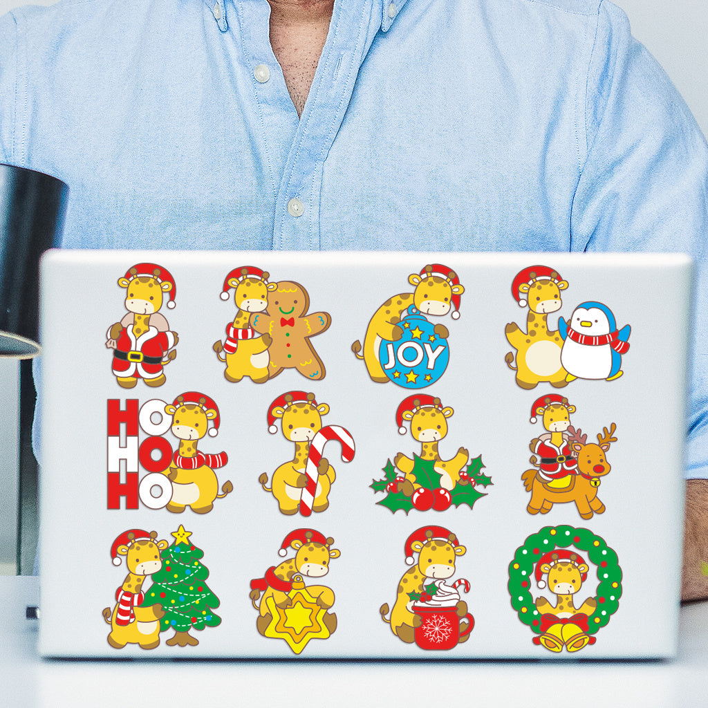 3套 快乐过圣诞可爱卡通长颈鹿转印水晶标贴 适用于水杯 咖啡杯 笔记本装饰等 UV DTF 创意diy贴纸 自粘防水创意diy转印贴纸