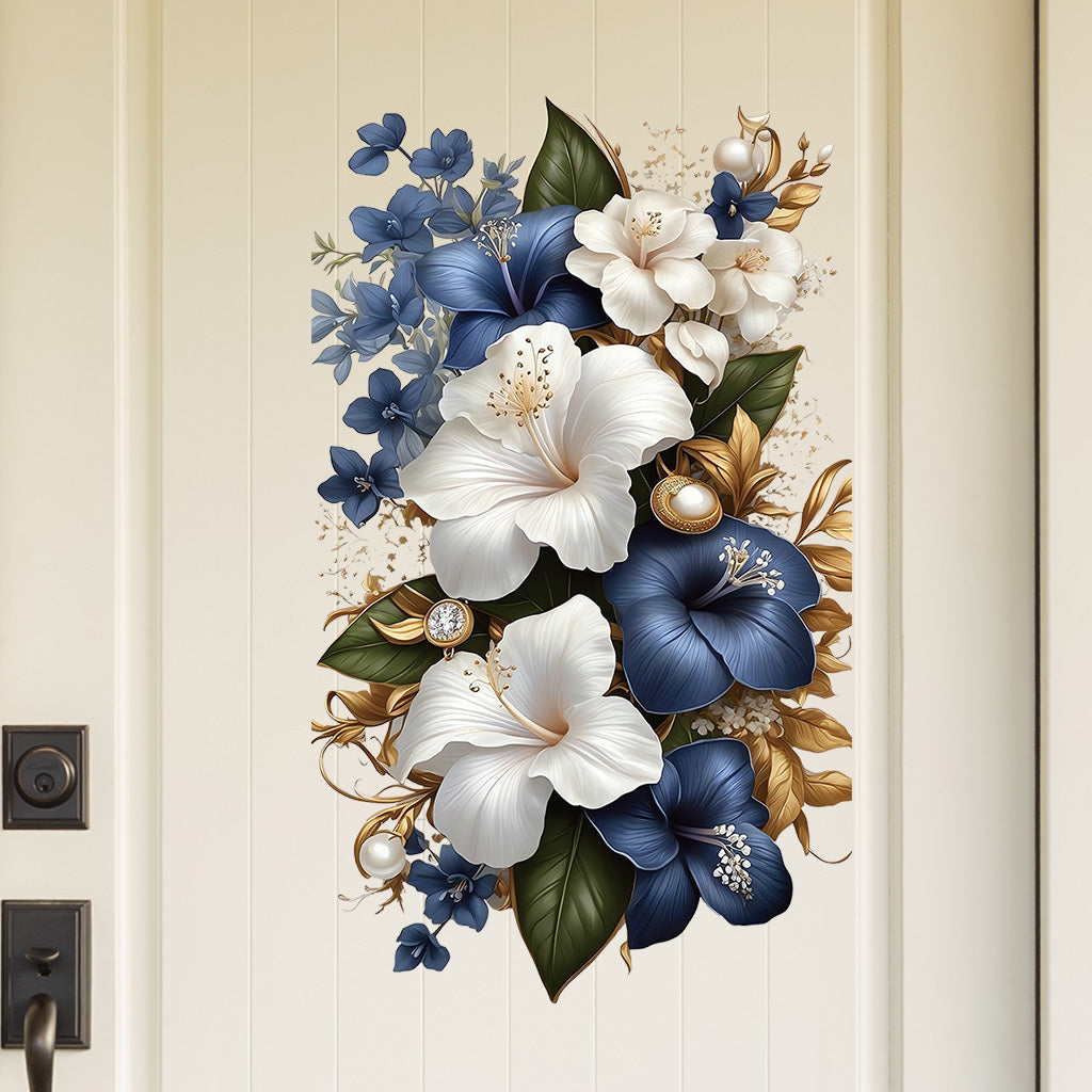 1pc Luxury Blue White Floral Sticker with Gold Accents Opulent Hibiscus Bouquet with Pearls Gems, Perfect for Elegant Decor, Sophisticated Art Accents Glamorous Aesthetic Enhancements