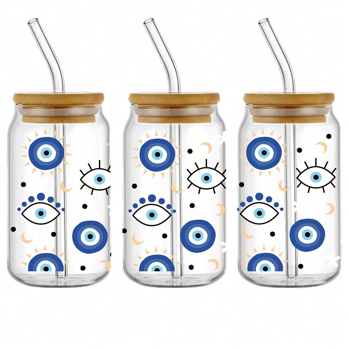 1 set of 5pcs Lucky Pink Blue Eye UV DTF Transfer Printing Waterproof Self-Adhesive Stickers For Mug Water Bottle Cup, DTF Transfer Sticker For 16 OZ Glass Can Wrap, 3d Crystal Label Waterproof And Scratch Resistant, DIY Wrap Transfer Sticker Glass Cup St