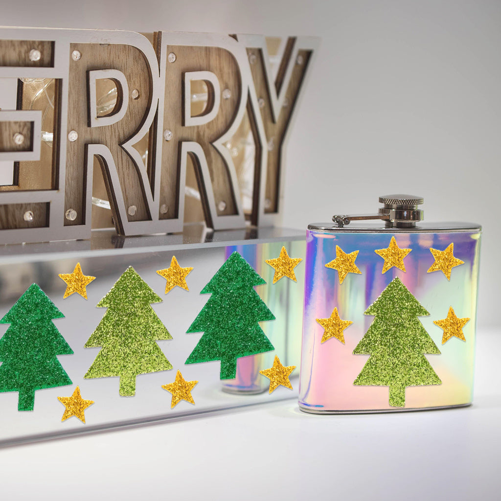 4PCS 2 sets of Christmas trees and stars crystal standard UV DTF transfer sticker sets, perfect for adding a charming seasonal atmosphere to glass jars and space decorations. Self-adhesive, removable, and waterproof stickers.