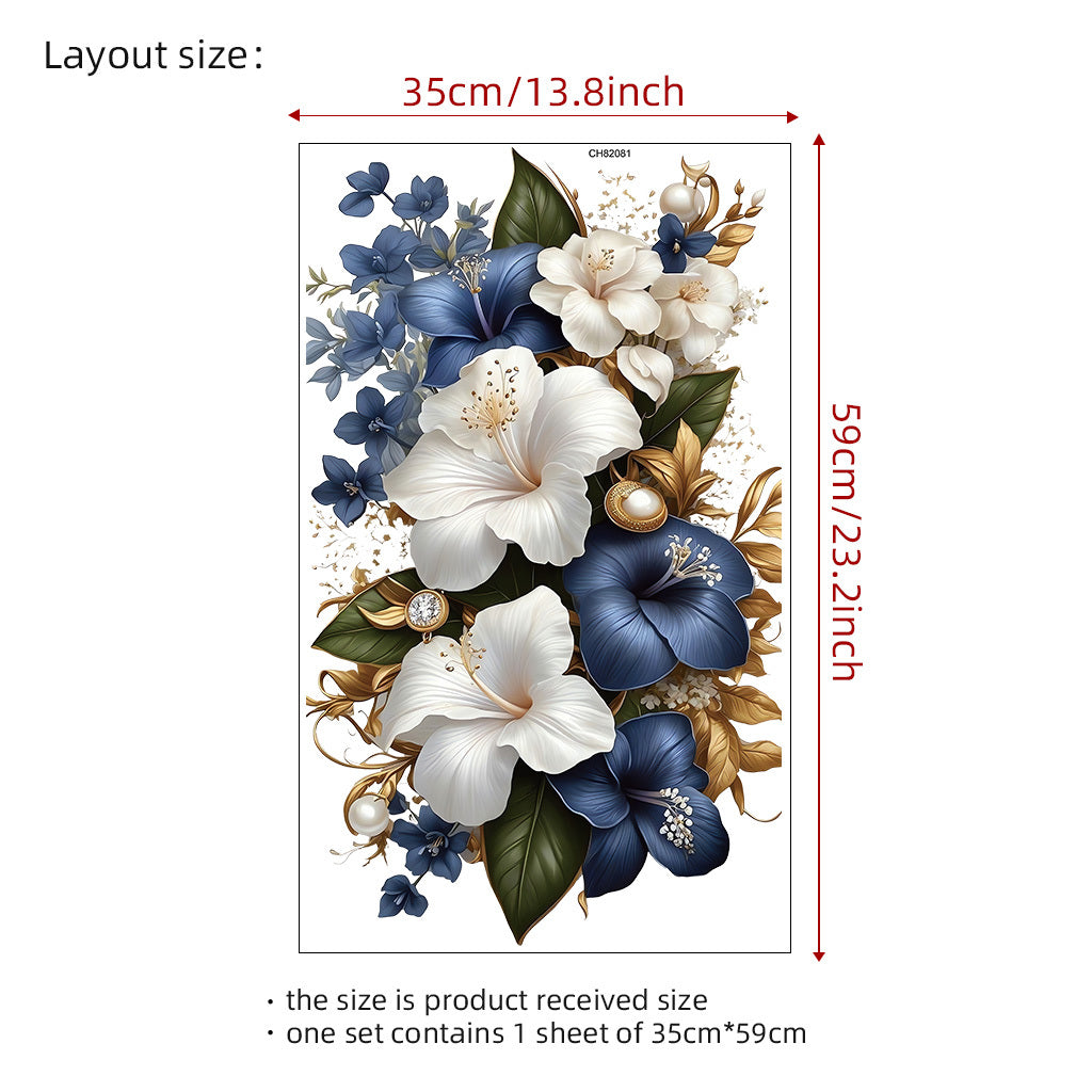 1pc Luxury Blue White Floral Sticker with Gold Accents Opulent Hibiscus Bouquet with Pearls Gems, Perfect for Elegant Decor, Sophisticated Art Accents Glamorous Aesthetic Enhancements