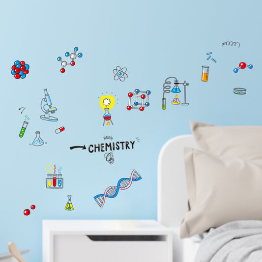 1套 科学风化学实验墙贴，化学仪器与分子结构手绘，风格清新，适合打造学习角落，让墙面尽显科学探索与创意格调。