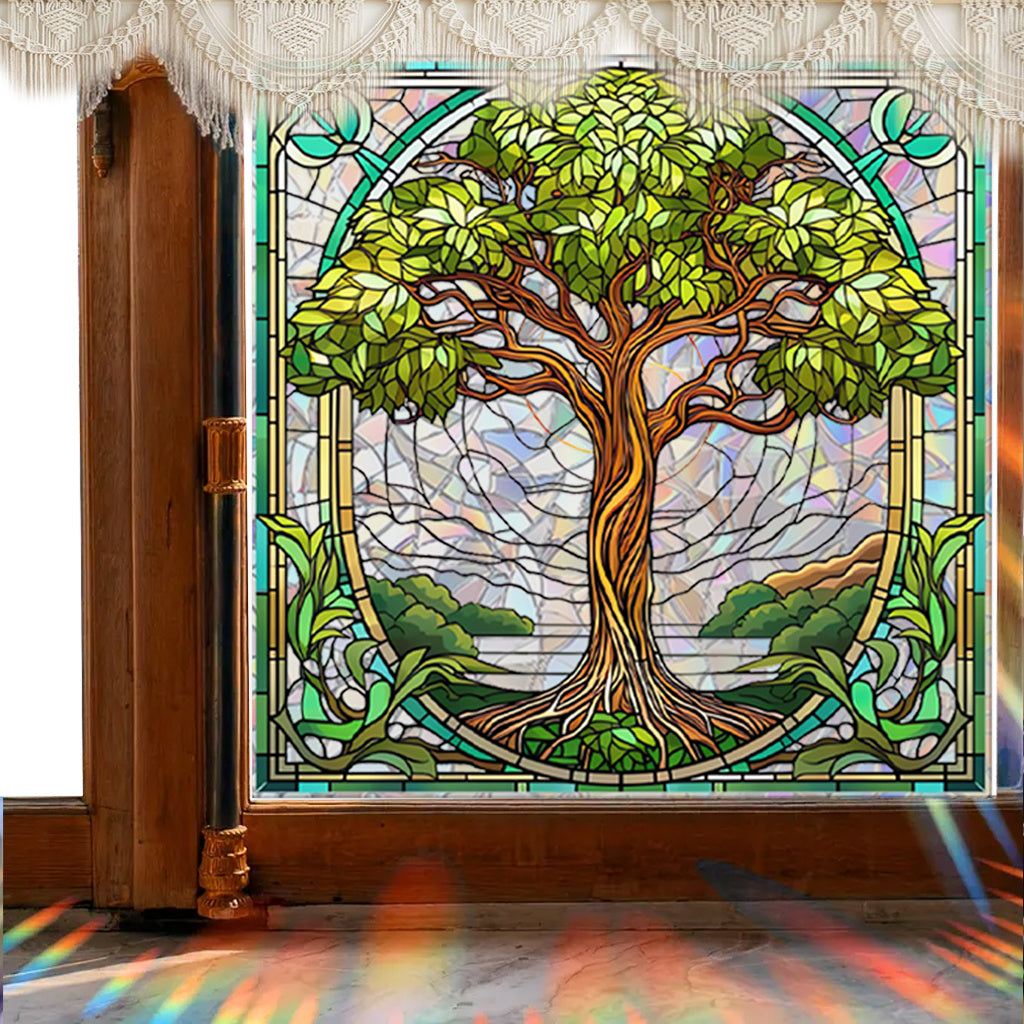 1pc Art Nouveau style stained glass Tree of Life static sticker, exquisite leaf decoration, natural elegance, artistic decoration of eternal plant aesthetics, providing a refined decorative touch with electrostatic glass adhesion.