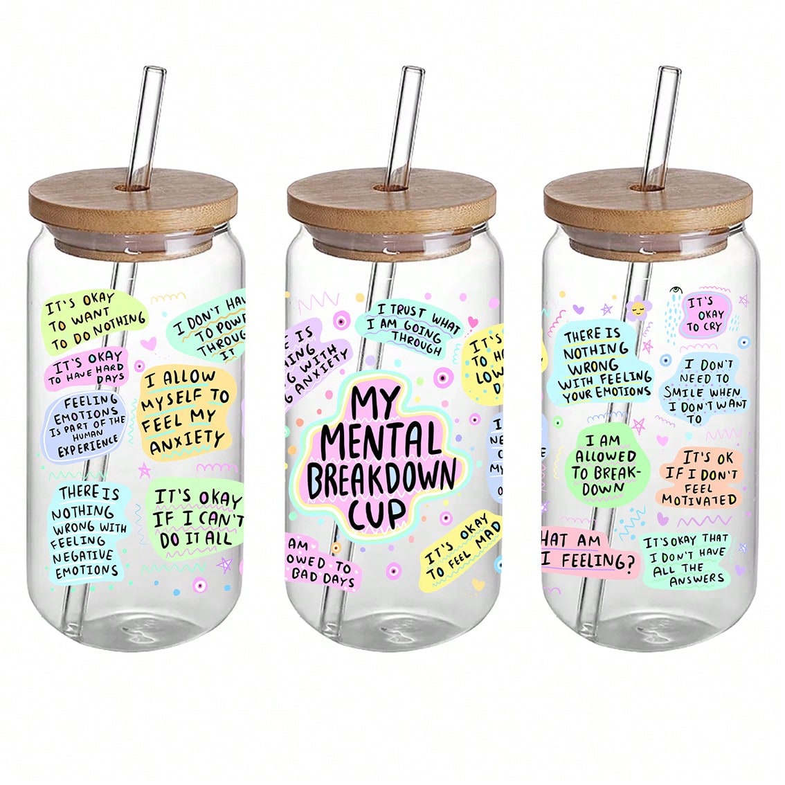 5pcs/Set Mental Health Theme UV DTF Cup Wraps, Waterproof Self-Adhesive Stickers For Mugs, Water Bottles, 16oz Glass Can Wraps, 3D Crystal Label, DIY Crafts