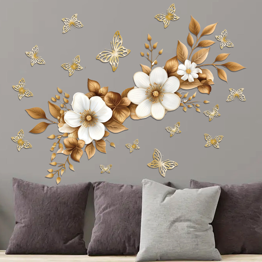 1pc Luxurious gold floral butterfly stickers, self-adhesive wall decals with gorgeous white flowers, gilded leaves, and butterflies, perfect for elegant decoration, exquisite art accents, and charming aesthetic enhancement.