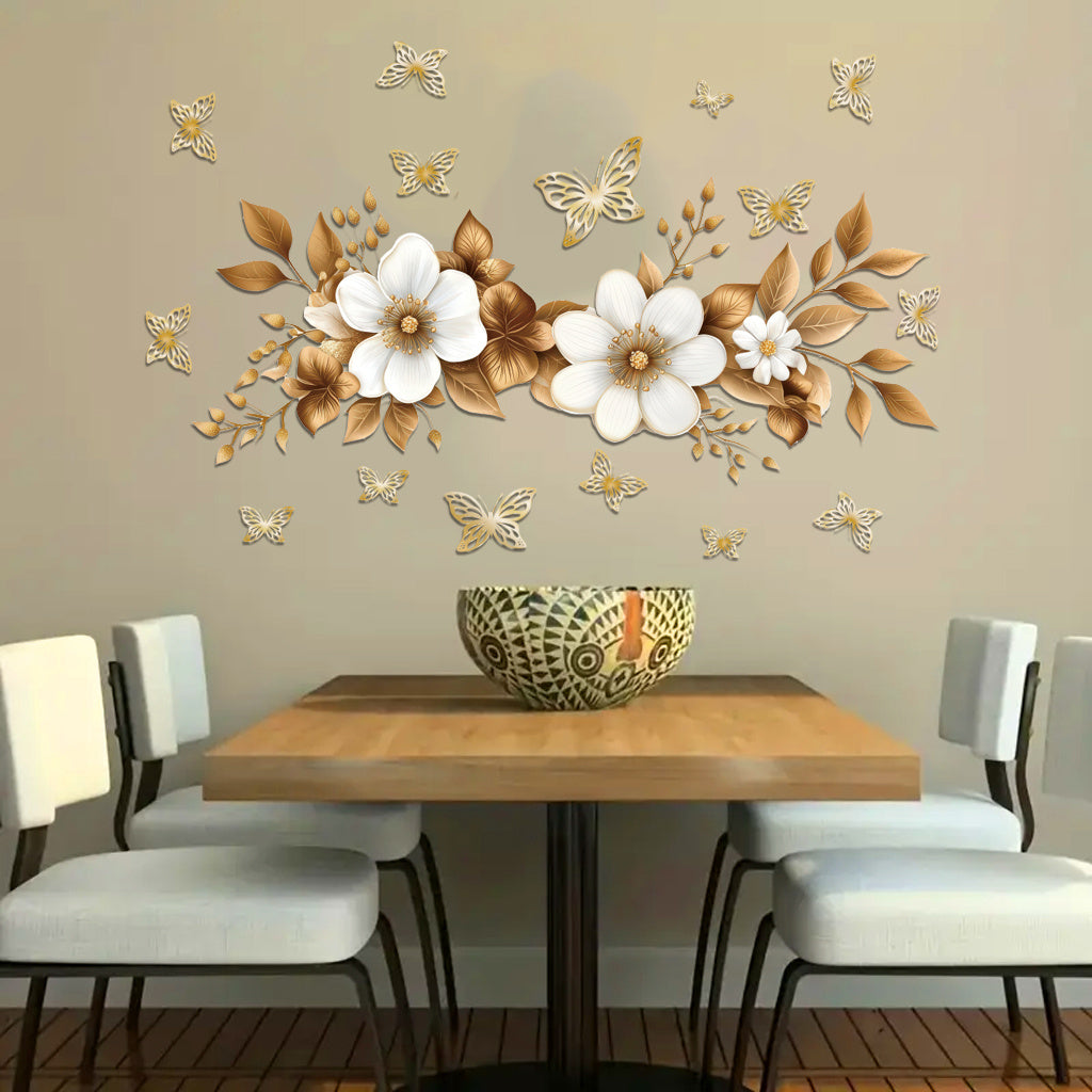 1pc Luxurious gold floral butterfly stickers, self-adhesive wall decals with gorgeous white flowers, gilded leaves, and butterflies, perfect for elegant decoration, exquisite art accents, and charming aesthetic enhancement.
