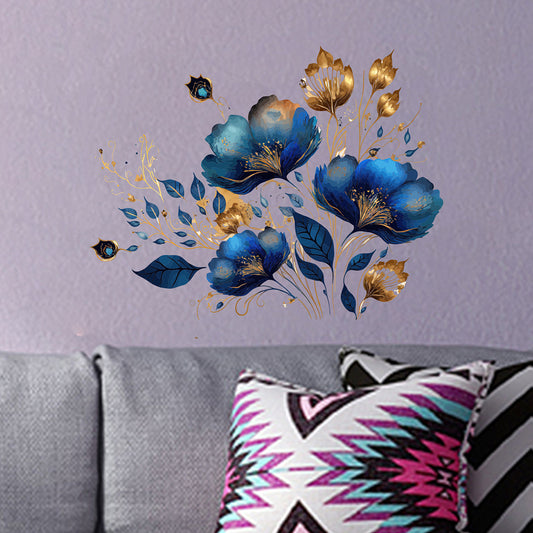 1套 轻奢蓝金花卉墙贴，浓情蓝花配金枝叶脉，为客厅注入艺术高级感，与莫兰迪绿墙完美呼应，瞬间提升空间格调，打造沉浸式奢华花艺美学角落