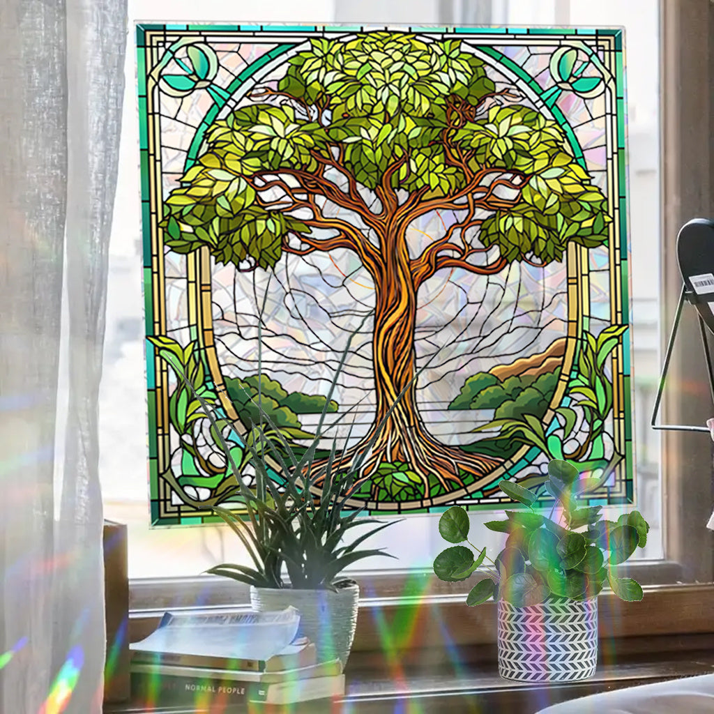 1pc Art Nouveau style stained glass Tree of Life static sticker, exquisite leaf decoration, natural elegance, artistic decoration of eternal plant aesthetics, providing a refined decorative touch with electrostatic glass adhesion.