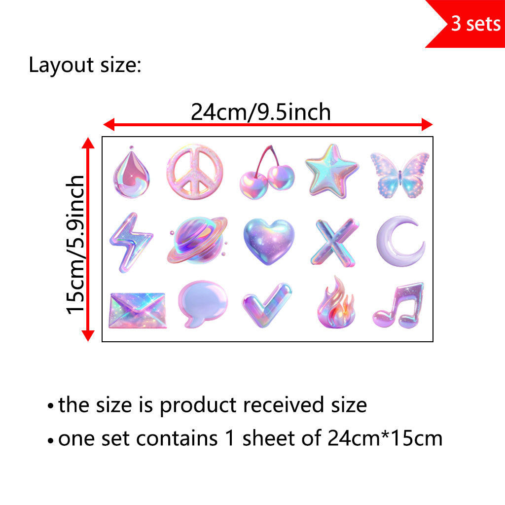 3pcs Pastel Fashion Icons UV DTF Crystal Sticker Set with vibrant rainbow shimmer symbol designs, perfect for decoration and fashion accents. Enhances modern aesthetics with self-adhesive waterproof transfer stickers.
