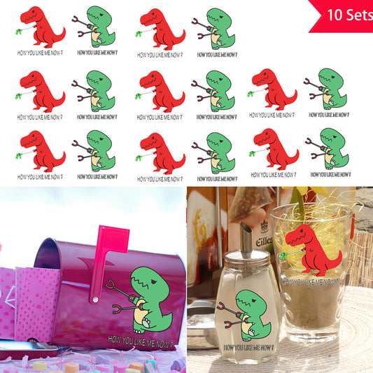 10套 幽默可爱的卡通恐龙UV DTF水晶贴纸套装，“你现在有多喜欢我”贴纸，古怪的霸王龙设计，非常适合装饰玻璃罐、家居空间及其他物品，增添趣味与奇趣氛围。自粘防水转印贴纸。