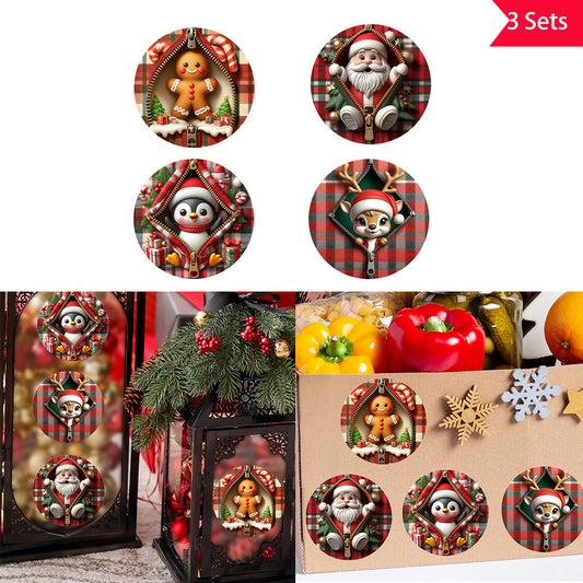 3套 拉链萌趣圣诞UV DTF转印贴纸套装 可爱姜饼人、慈祥圣诞老人、俏皮小企鹅与萌态驯鹿破格而出，为你的生活装点浓郁圣诞氛围