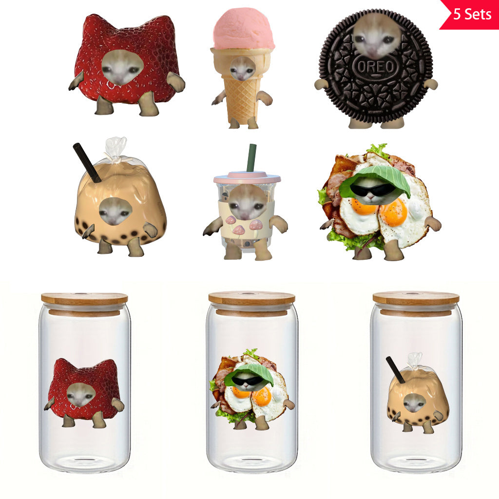 5套 可爱网红 百变 小猫UV DTF水晶标签转印贴纸，适用于礼品盒、瓶子、水杯和手机壳。这是一款创意DIY水晶标签贴纸，用于窗玻璃杯装饰，具有自粘、防水、可拆卸的转印贴纸功能。