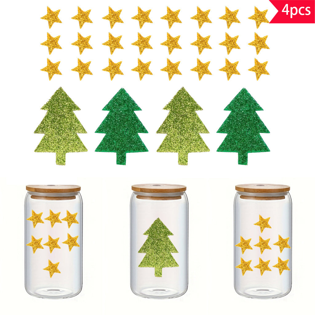 4PCS 2 sets of Christmas trees and stars crystal standard UV DTF transfer sticker sets, perfect for adding a charming seasonal atmosphere to glass jars and space decorations. Self-adhesive, removable, and waterproof stickers.