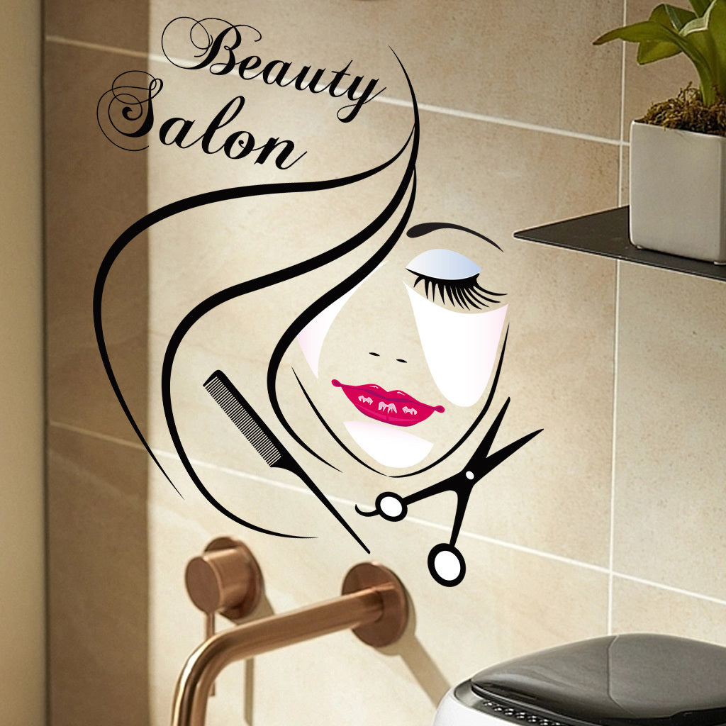 1pc Elegant beauty salon stickers, stylish hairstyle, beauty scissors and comb design, perfect for salon decoration, fashionable art accents, adding an artistic atmosphere, self-adhesive and removable wall stickers