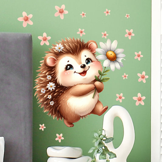 1套 治愈系刺猬雏菊墙贴，刺猬抱花神态灵动，小花点缀，适合打造温馨角落，让墙面尽显萌态与自然格调。