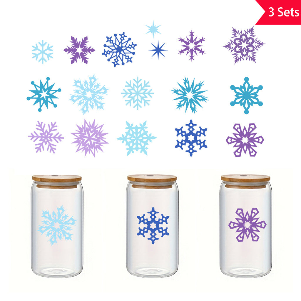 3套 圣诞节 冬日雪花转印水晶标贴纸 UV DTF 转印贴纸 自粘防水时尚贴纸 咖啡杯 马克杯等 圣诞节趣味活力贴纸
