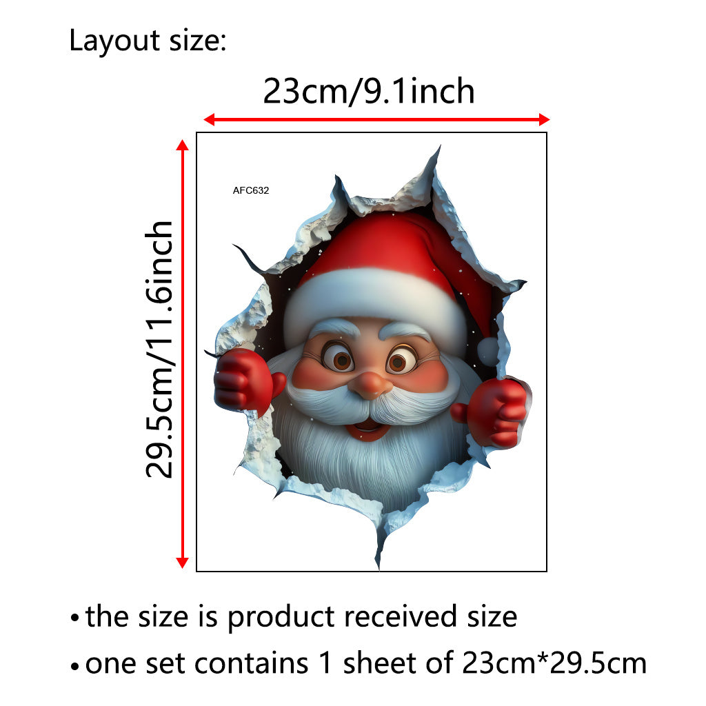 A set of Whimsical 3D Santa Claus Wall Sticker Playful Christmas Design with Breakthrough Effect, Ideal for Adding a Festive, Artistic Vibe to Holiday Home Decor and Seasonal Spaces.Self-adhesive waterproof wall stickers, toilet stickers.