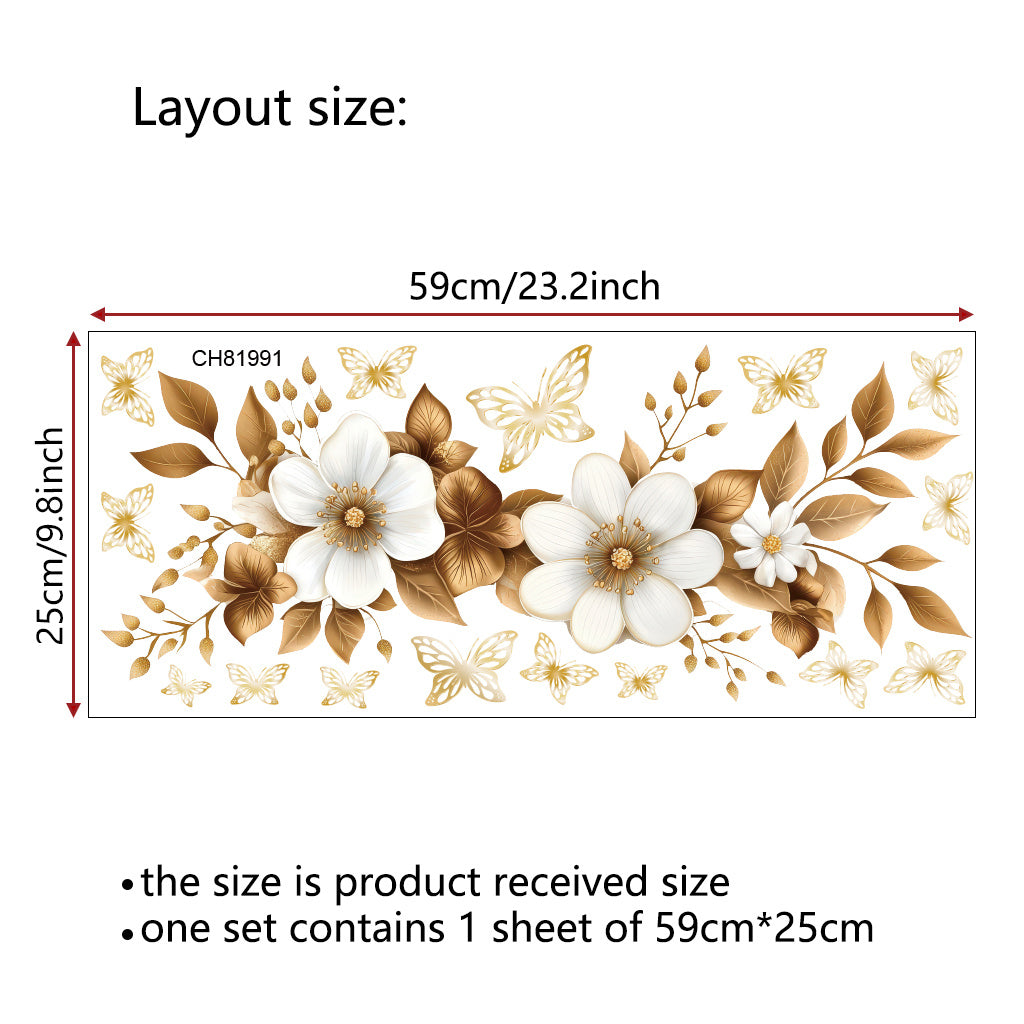 1pc Luxurious gold floral butterfly stickers, self-adhesive wall decals with gorgeous white flowers, gilded leaves, and butterflies, perfect for elegant decoration, exquisite art accents, and charming aesthetic enhancement.