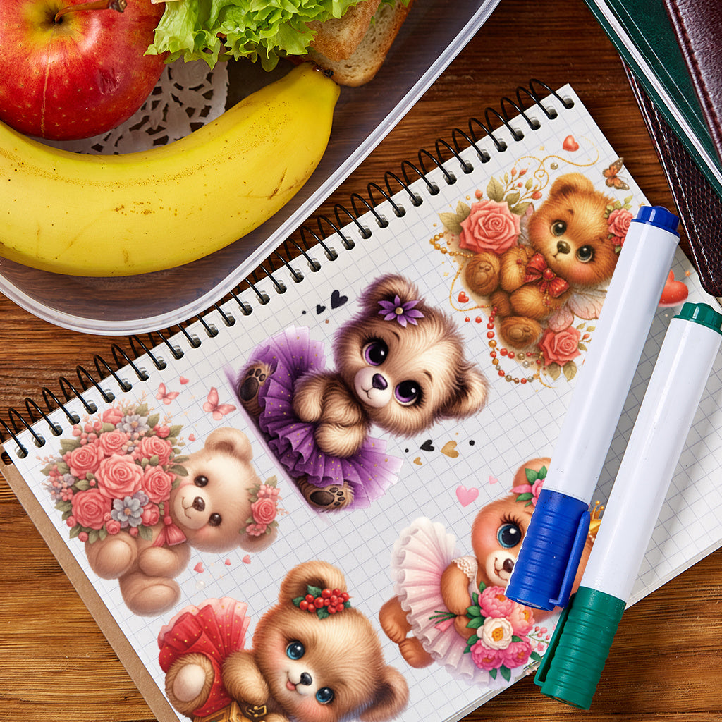 2套 穿裙子的可爱小熊转印水晶标贴纸 适用于笔记本 水杯 储物柜等装饰 自粘防水DIY贴纸 可爱美学贴纸，适合女士、女孩、派对、杯子配件