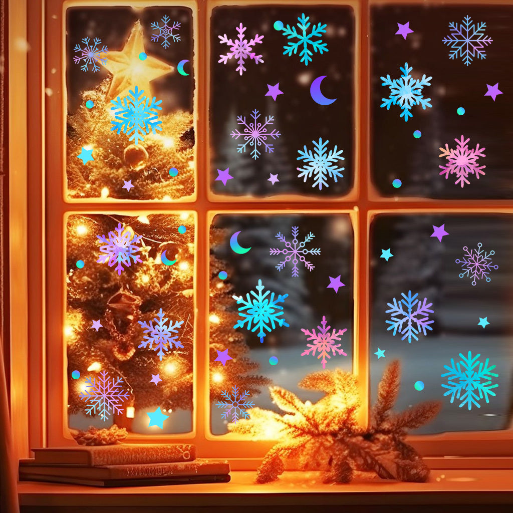 A set of Elegant Christmas decorations, glass stickers with a gorgeous gold and red bow design, featuring the words 'Merry Christmas, ' add a luxurious and festive touch to home decor. They are statically adhered, waterproof, and reusable.