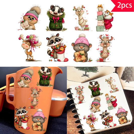 2pcs Cute cartoon Christmas animal UV DTF Crystal label transfer sticker series - Charming squirrel, badger, alpaca and raccoon designs, perfectly adding a festive and artistic atmosphere to glass jars and adult holiday home decoration Spaces. Self-adhesi