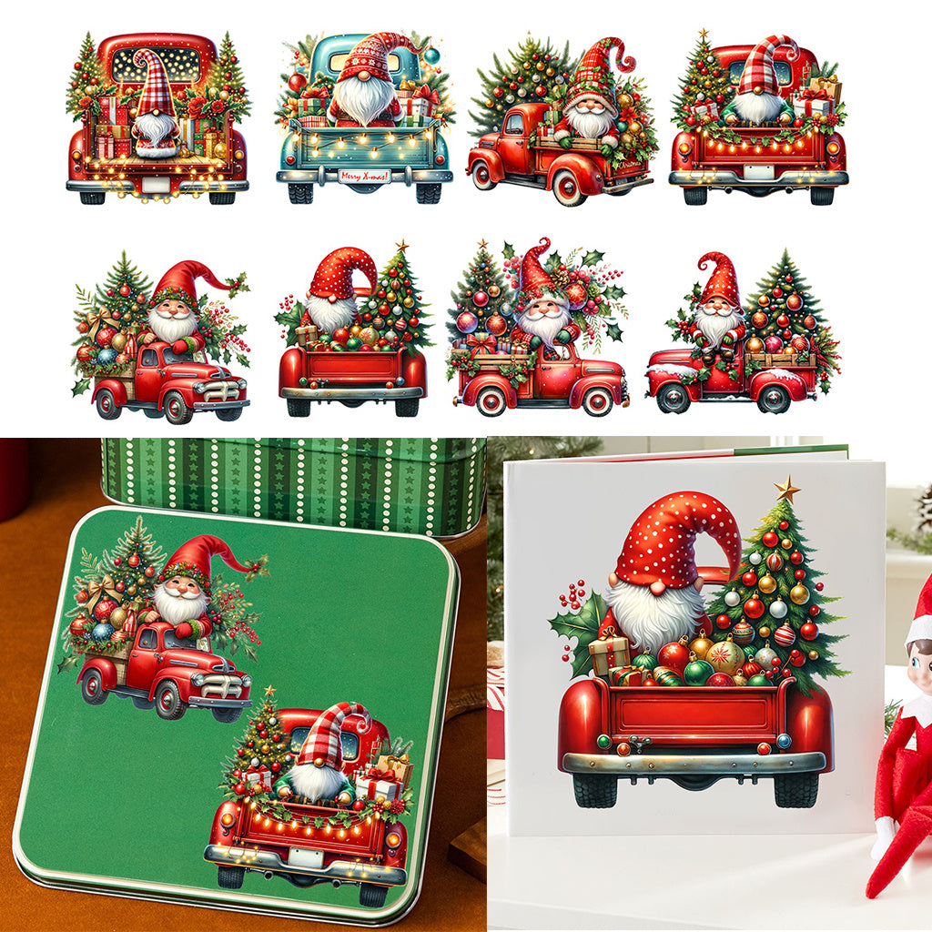 1套 圣诞 gnome 红卡车水晶标贴纸：复古红车满载圣诞惊喜，让每一处装饰都洋溢温馨圣诞仪式感 萌趣 gnome 带你驶入圣诞季，点亮铁盒的节日氛围，自粘防水创意UV DTF转印贴纸