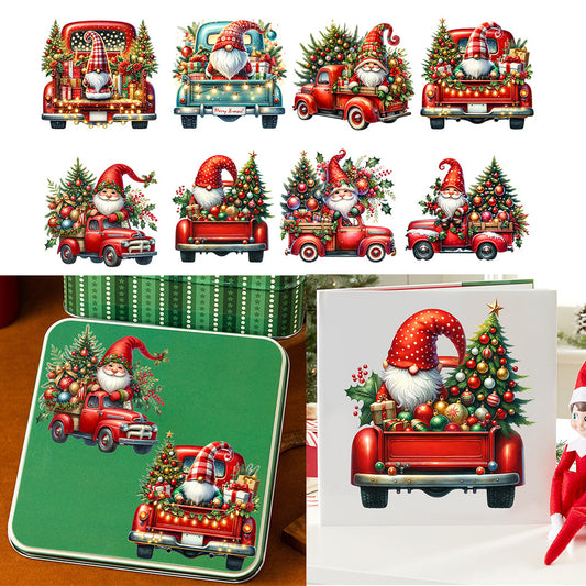 1套 圣诞 gnome 红卡车水晶标贴纸：复古红车满载圣诞惊喜，让每一处装饰都洋溢温馨圣诞仪式感 萌趣 gnome 带你驶入圣诞季，点亮铁盒的节日氛围，自粘防水创意UV DTF转印贴纸