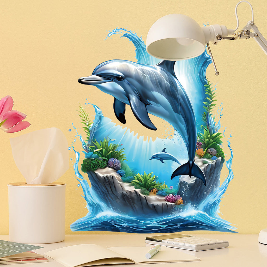 1pc Lifelike dolphin underwater scene stickers, realistic marine mammals with coral reef waves, perfect for ocean-themed decoration, marine art accents, self-adhesive, removable, and waterproof wall decals