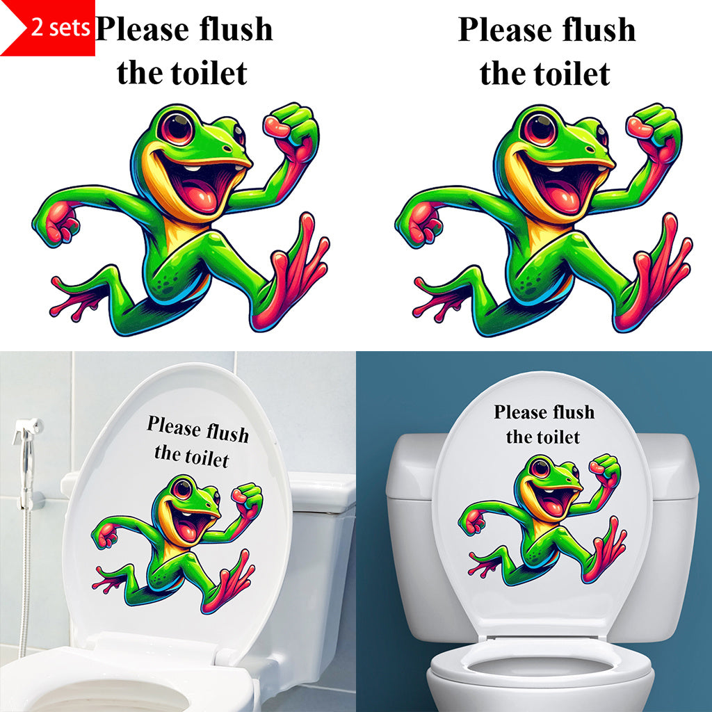 2套 趣味青蛙 “请冲水” 标语马桶贴，活力卡通蛙配英文标语，为卫浴添搞怪萌趣，轻松提醒如厕礼仪，让每一次冲水都伴随青蛙的俏皮鼓劲，给卫浴空间注入鲜活气息