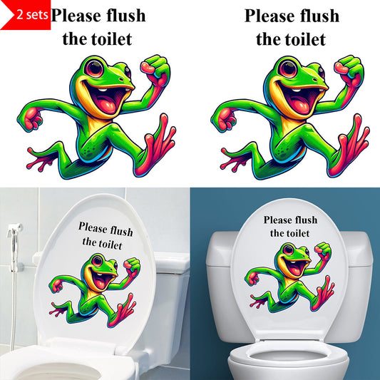 2套 趣味青蛙 “请冲水” 标语马桶贴，活力卡通蛙配英文标语，为卫浴添搞怪萌趣，轻松提醒如厕礼仪，让每一次冲水都伴随青蛙的俏皮鼓劲，给卫浴空间注入鲜活气息