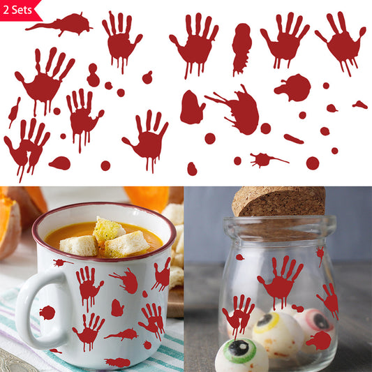 2套 万圣节恐怖血手印转印水晶贴纸 自粘可拆卸DIY创意防水转印 UV DTF水晶贴纸 适用于水杯 储物柜 玻璃 金属装饰等