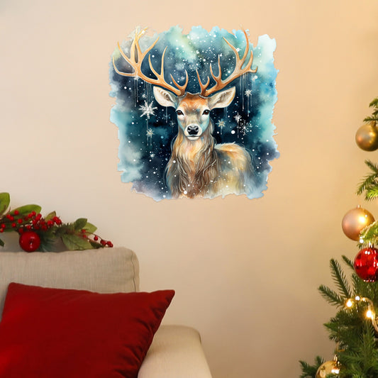 1套 水彩风圣诞麋鹿墙贴，梦幻蓝调麋鹿配雪花，艺术感十足，贴于客厅、书房墙面，为圣诞添雅致氛围，自粘易贴似艺术画作。