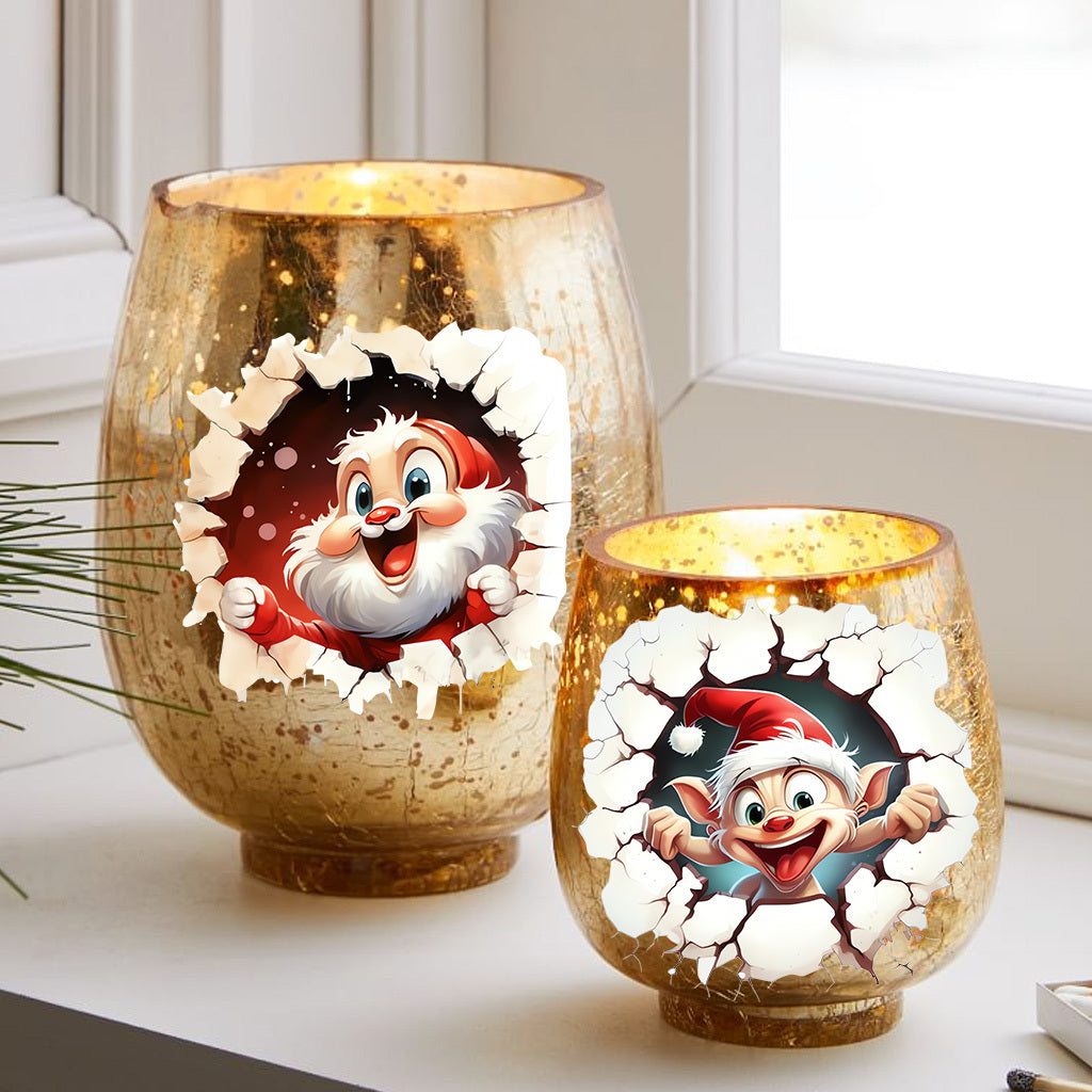 1套 破洞圣诞水晶标贴纸：萌趣圣诞老人与精灵破壁而出，UV DTF 转印水晶标贴纸，自粘防水创意水晶贴纸，为圣诞节增添趣味和欢乐氛围。