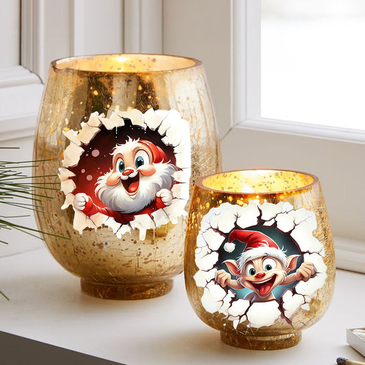 1套 破洞圣诞水晶标贴纸：萌趣圣诞老人与精灵破壁而出，UV DTF 转印水晶标贴纸，自粘防水创意水晶贴纸，为圣诞节增添趣味和欢乐氛围。