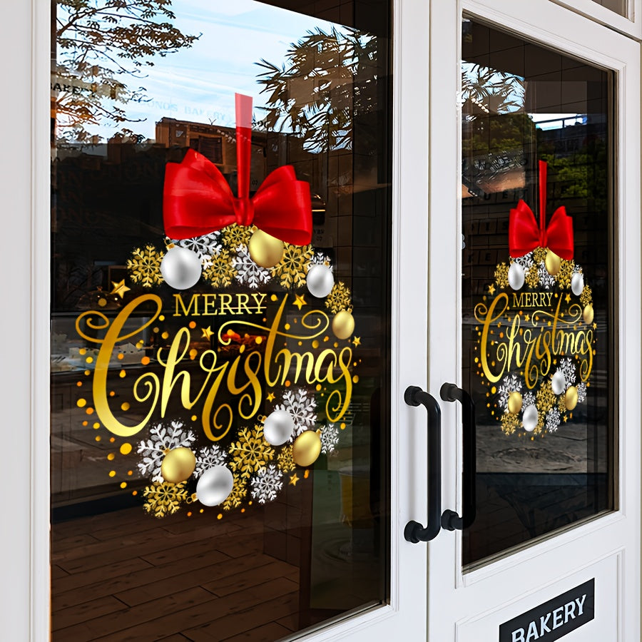 A set of Elegant Christmas decorations, glass stickers with a gorgeous gold and red bow design, featuring the words 'Merry Christmas, ' add a luxurious and festive touch to home decor. They are statically adhered, waterproof, and reusable.
