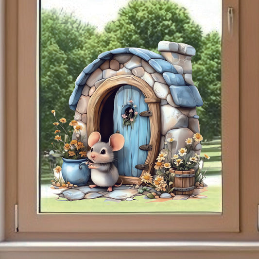 1pc Adorable little mouse and cottage stickers with whimsical designs accented with flowers, self-adhesive, removable, and waterproof creative wall stickers, suitable for home decoration, outdoor decoration, and more, adding warmth and a touch of fun
