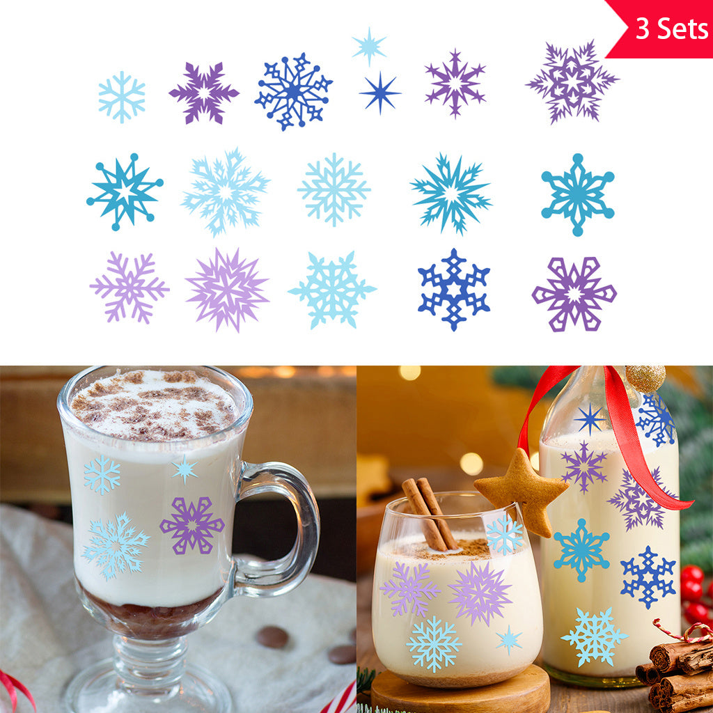 3套 圣诞节 冬日雪花转印水晶标贴纸 UV DTF 转印贴纸 自粘防水时尚贴纸 咖啡杯 马克杯等 圣诞节趣味活力贴纸