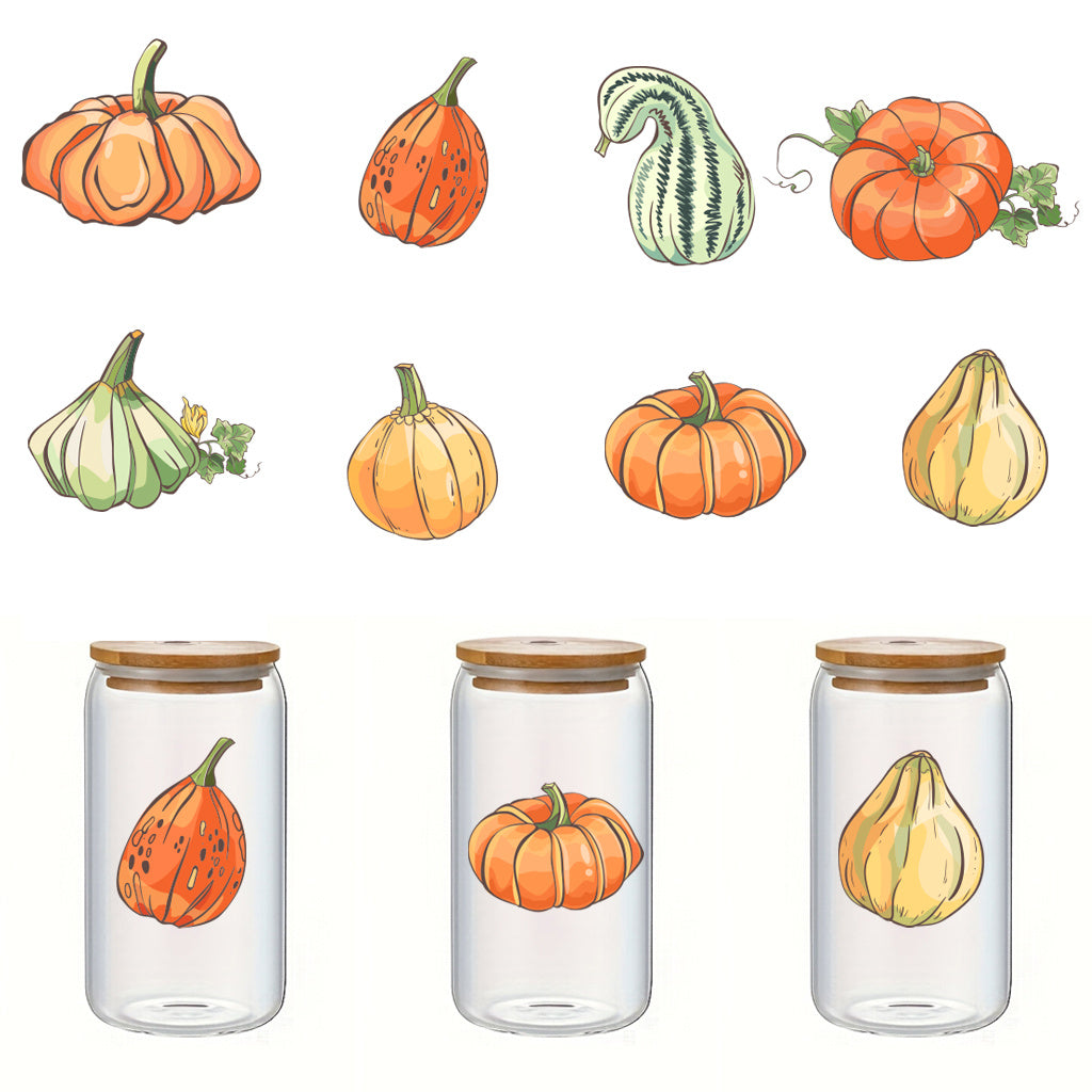 4套 秋天里的南瓜转移水晶标贴纸 3D diy创意贴纸 可爱南瓜贴纸 UV DTF 转印贴纸办公室和家用 玻璃杯 咖啡杯贴纸 DIY 包裹转移贴纸