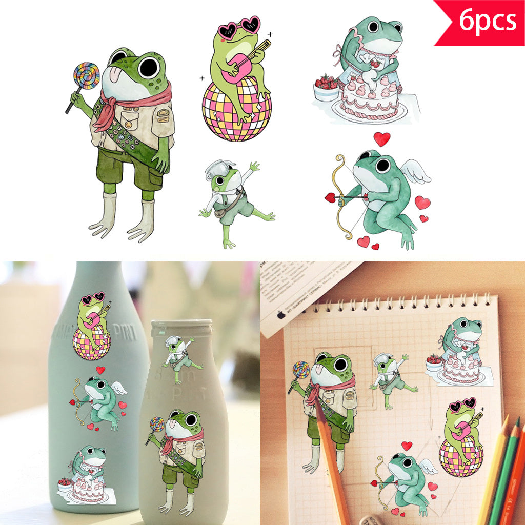 6pcs Cute and versatile frog UV DTF crystal label transfer sticker set, suitable for glass jars and space decoration, item decoration, self-adhesive, removable, waterproof, creative DIY crystal label transfer stickers, cartoon cute little frog stickers