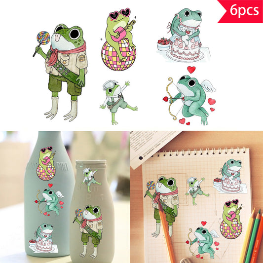 6pcs Cute and versatile frog UV DTF crystal label transfer sticker set, suitable for glass jars and space decoration, item decoration, self-adhesive, removable, waterproof, creative DIY crystal label transfer stickers, cartoon cute little frog stickers