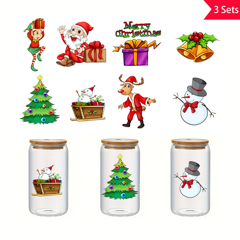3套 圣诞节狂欢转印水晶标贴纸 UV DTF 转印贴纸 办公室和家用 玻璃杯 咖啡杯 DIY 包裹转移 3D 创意贴纸 自粘防水乙烯基材质