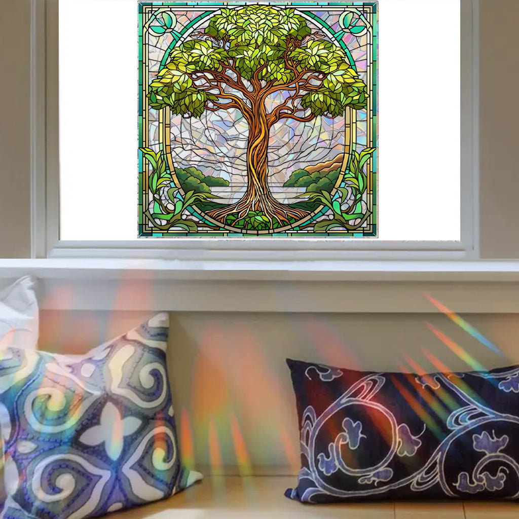 1pc Art Nouveau style stained glass Tree of Life static sticker, exquisite leaf decoration, natural elegance, artistic decoration of eternal plant aesthetics, providing a refined decorative touch with electrostatic glass adhesion.
