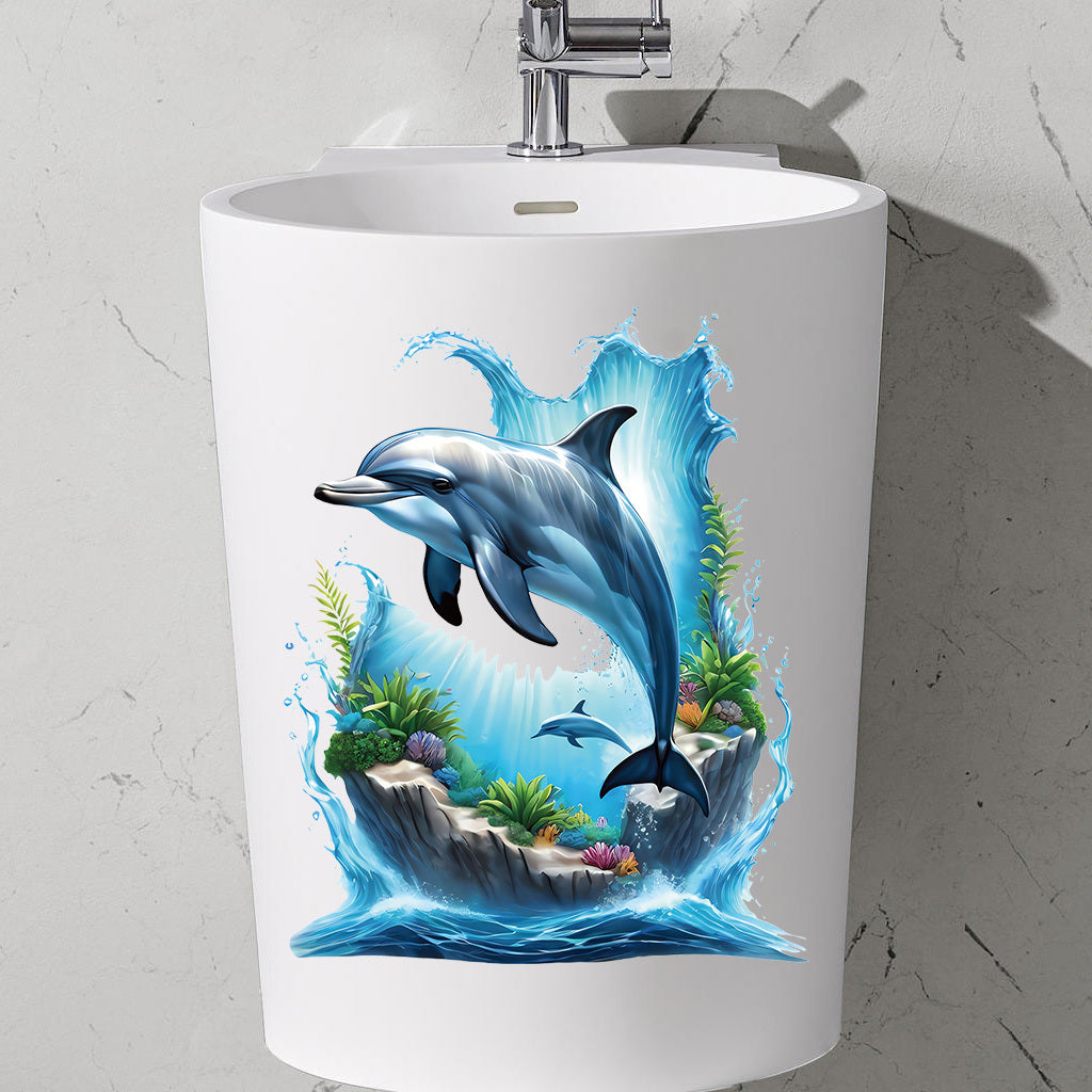 1pc Lifelike dolphin underwater scene stickers, realistic marine mammals with coral reef waves, perfect for ocean-themed decoration, marine art accents, self-adhesive, removable, and waterproof wall decals